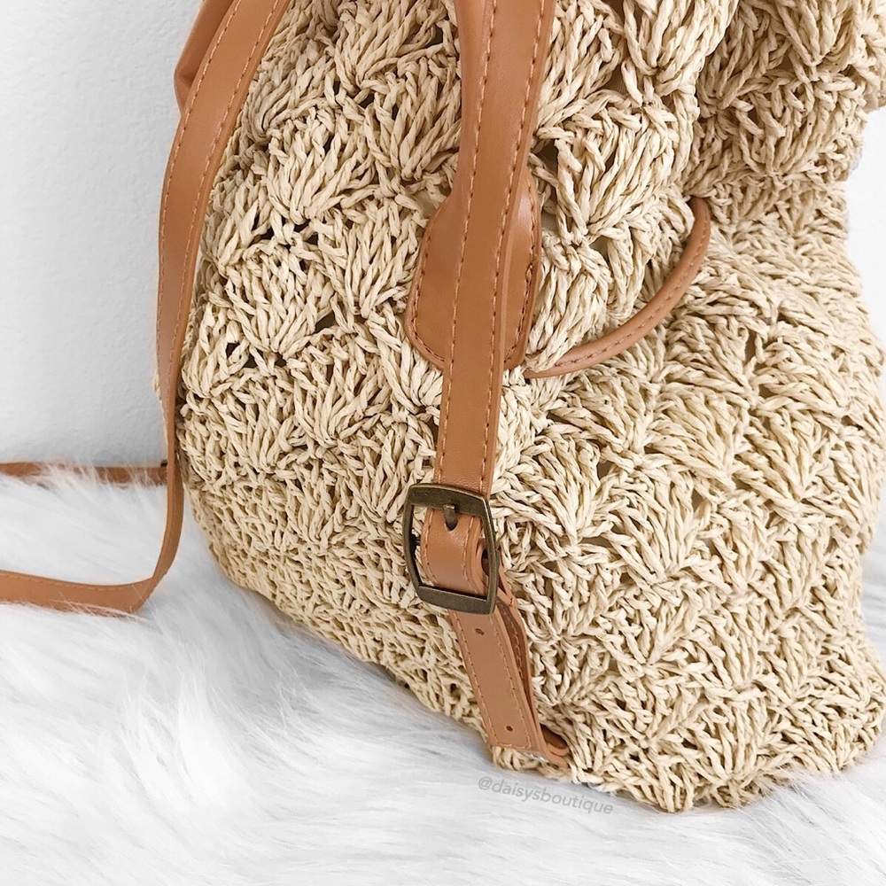 tan straw woven drawstring beach backpack - Picture 5 of 8